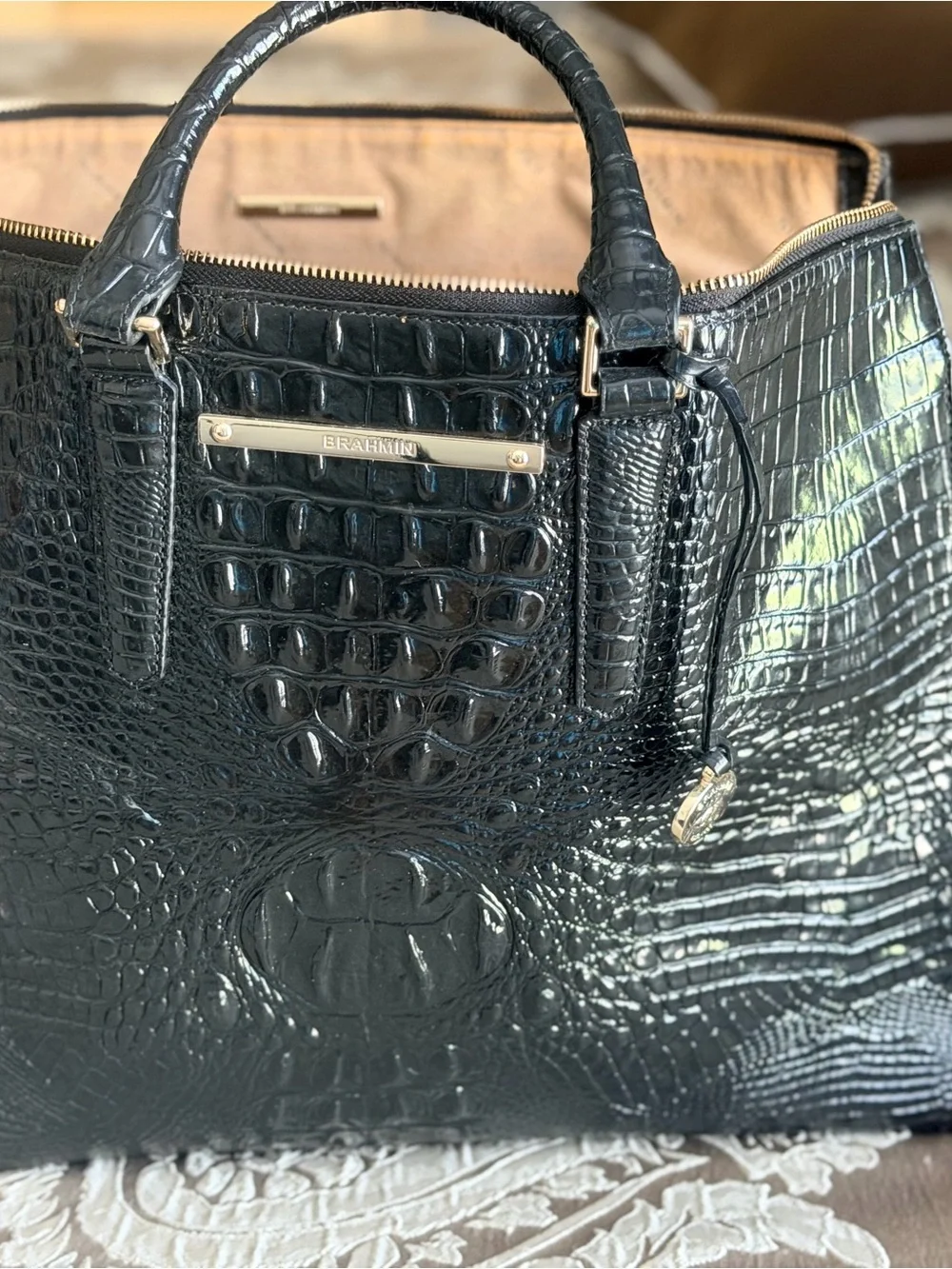 Brahmin Black Croc-Embossed Tote with Polished Hardware